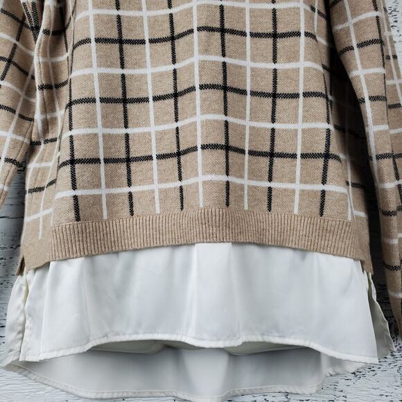 Tahari Women’s Long Sleeve Plaid Layered Tan Sweater Size Medium Preppy - Picture 4 of 10